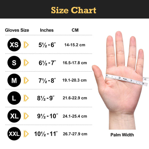 Disposable nitrile glove size chart (front view) showing XS–XXL sizes, inch/cm ranges, with a hand and measuring tape.