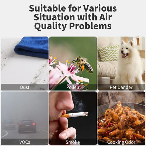 Infographic showing air quality issues like dust, pollen, pet dander, VOCs, smoke, cooking odor, highlighting 4 Pack Main Filter Replacement For PARTU BS08 AerClear Air Purifier With 3 In 1 Filtration System Including Main Filter And Activated Carbon Filter High Compatibility With Clarifion AerClear Purifiers benefits.