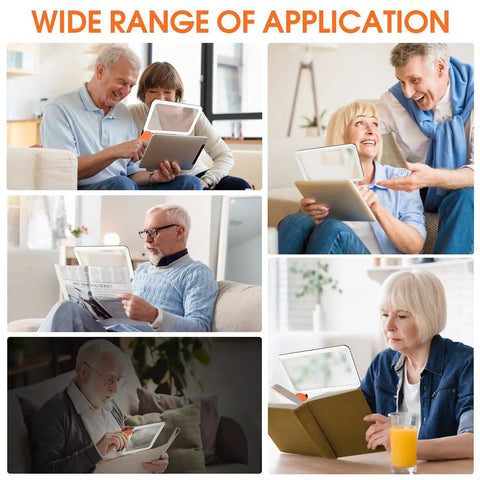 Seniors using Big Full Page Magnifier With Light 7.3x4.4 Inch Lens, 48 LED Cold And Warm Illumination for reading and relaxing.