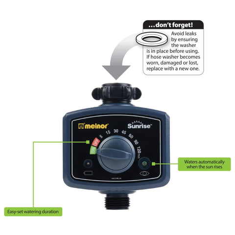 Sunrise Daily Water Timer For Garden Irrigation, Auto Morning Watering On Schedule, 2 AA Batteries, Handy Manual Quick Feature