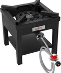 Front view of B5350A Propane Burner Cooker Heavy Duty Outdoor Stove with steel frame, burner head, and 4 ft steel braided regulator hose.