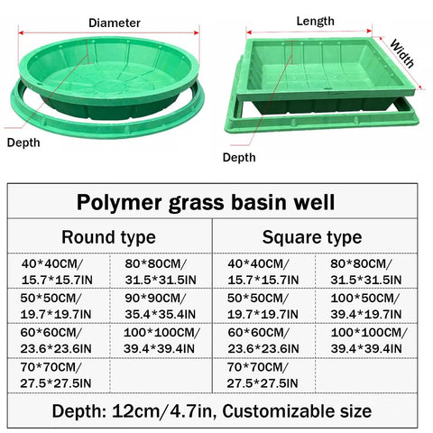 Beefed Up Resin Sump Cover With Frame For Garage Floor Drain, Invisible Sewage Basin And Manhole Cover, Durable Outdoor Drainage Solution 90x90cm 35.4x35.4 Inches displayed with dimensions and sizes chart.