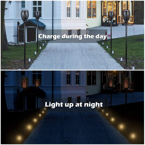Solar Flame Torch Lights 4 Pack With Flickering Flame Waterproof Solar Pathway Lights for Garden Decor charging and lighting up.