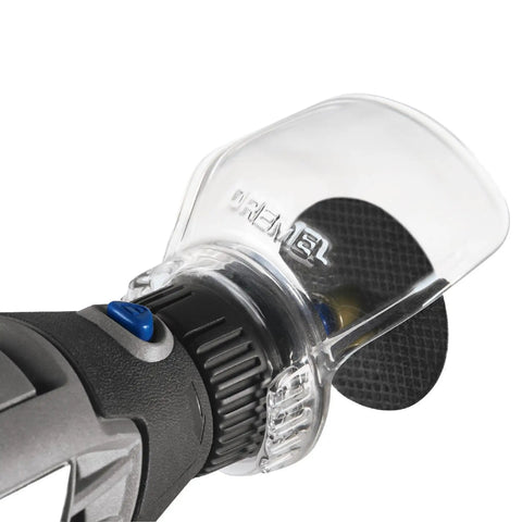 Zero Mess Spark Shield And Accessory Bundle For Rotary Tools Slick Spring Guard mounted on Dremel tool for spark protection.