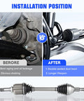 Installation comparison of Built Tough Front CV Axle Shaft Kit With Rubber Boots And Steel Clamps for GMC models, showing before and after.