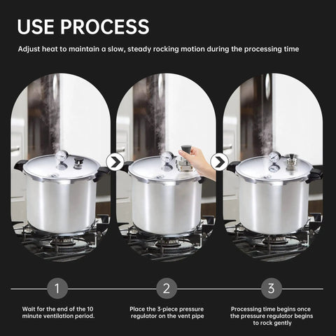 3-Piece Pressure Regulator Set For Pressure Cooker 5 10 15 Lb Adjustable Levels in use on stovetop with process guide