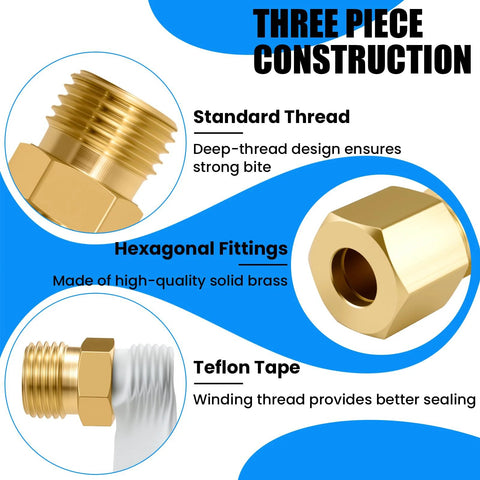 Brass compression tube fittings set, 4 pieces; hex nut, threaded end with Teflon tape