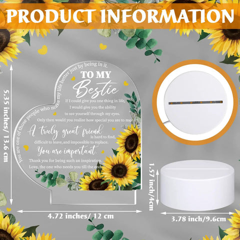 Heart-shaped acrylic night light gift with sunflower design, bestie message, and LED base, measuring 5.35 inches by 4.72 inches.