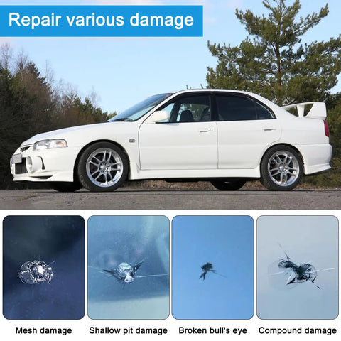 Windshield Crack Repair Kit 4 Piece Set For Chips And Cracks Car Glass Repair No Mixing Required Quick Fix In 20-30 Minutes Save Money And Restore Windshield To Near New Condition, showing car with repairable windshield damages.