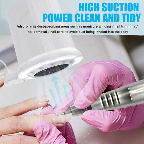 Top Tier Nail Dust Collector Machine With Integrated Lamp And Badass Suction Fan For Manicurists and Home Salon Crews Offering Ten Adjustable Speeds And Ultra Quiet Operation For Crisp Filings, showing the suction unit in use.