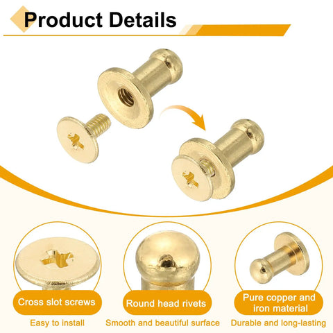 Dope 16 Piece Ball Head Stud Screw Back Rivet Set For Leather Craft Nipple Rivets 7mm Round Head DIY Handbag Shoes Belt Repair Light Gold Finish Copper Iron Durable product details showing cross slot screws and round head rivets with smooth surface, highlighting pure copper and iron material.