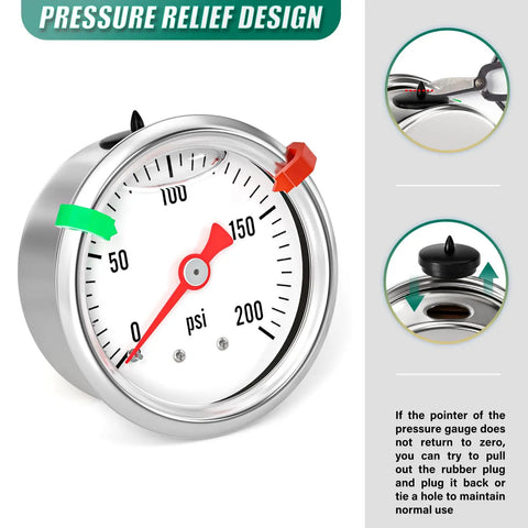 Stainless Steel Liquid Filled Pressure Gauge Back Mount Built Tough For Water Oil And Air Testing One Eighth Inch NPT One And A Half Inch Dial Zero To Two Hundred PSI With Range Mark Pointer showing psi scale with pressure relief design