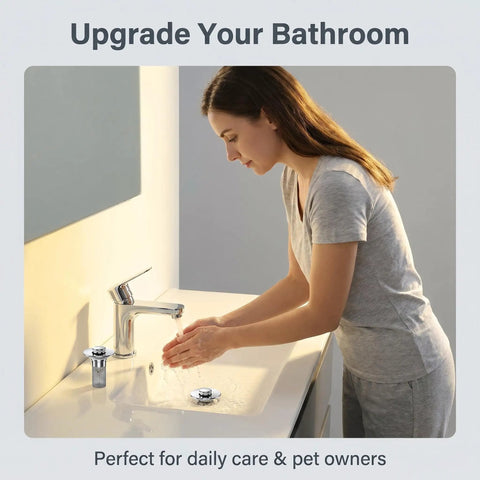 Universal Bathroom Sink Drain Stopper Pop Up Filter With 304 Stainless Steel Hair Catcher Strainer Basket in use at a basin.