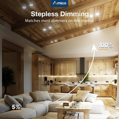 Twelve Pack Ultra Thin LED Recessed Ceiling Lights With J Box Five CCT Selectable in wooden ceiling showing dimming range.