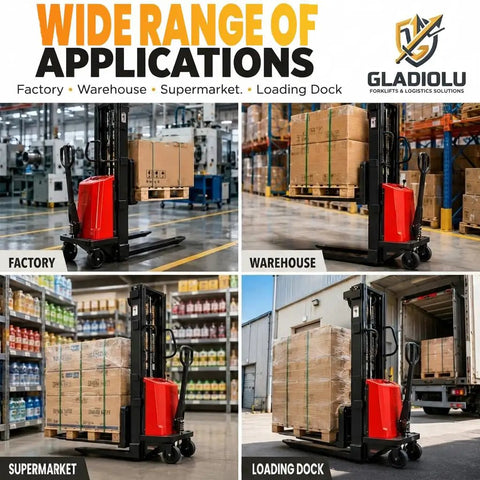 Heavy Duty Semi Electric Pallet Stacker With 3300 Lbs Capacity And 94 Inch Lift Height in factory, warehouse, supermarket, loading dock settings.