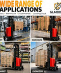 3300 Lbs Semi Electric Pallet Stacker Walkie Model With 94 Inch Max Lift Powered By 48V Battery in factory and warehouse settings.