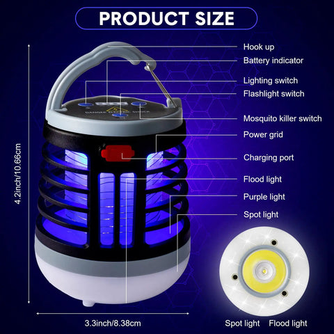 Two Pack 3 In 1 Bug Zapper With USB Rechargeable Battery Waterproof Mosquito Killer showing size and features