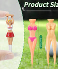 12 Piece Colorful Plastic Golf Tees Set, Funny Bikini Style Tees For Men And Women next to measurement guide showing 7.6cm size.