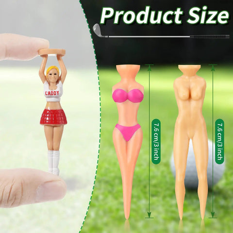 12 Piece Colorful Plastic Golf Tees Set, Funny Bikini Style Tees For Men And Women next to measurement guide showing 7.6cm size.