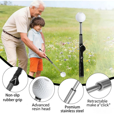 Grandfather teaching child with Retractable Golf Swing Trainer With Arm Band Instant Swing Feedback Rhythm Mastery Grip Posture Corrector.
