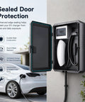 Heavy Duty EV Charger Wall Cover And Tough As Nails Steel Electrical Box Featuring A Secure Combination Lock To Shield Your Rig From Gnarly Weather And Keep Your Electric Vehicle Charging Setup Intact with open door and EV cable.