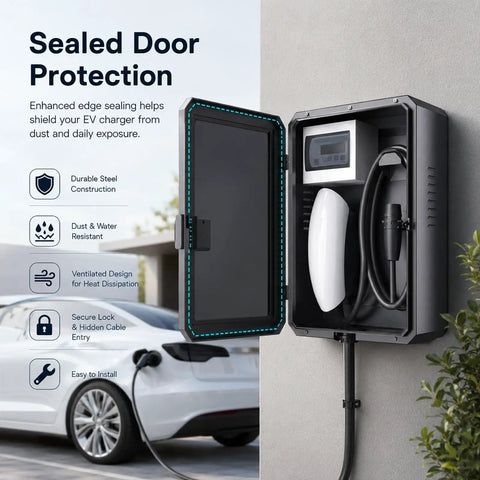 Heavy Duty EV Charger Wall Cover And Tough As Nails Steel Electrical Box Featuring A Secure Combination Lock To Shield Your Rig From Gnarly Weather And Keep Your Electric Vehicle Charging Setup Intact with open door and EV cable.