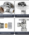 Angle Stop Valve One Half Inch FNPT To Three Eighths Inch Compression Easy Install Quarter Turn Chrome Plated Brass Toilet Shut Off Valve Pack Of Five