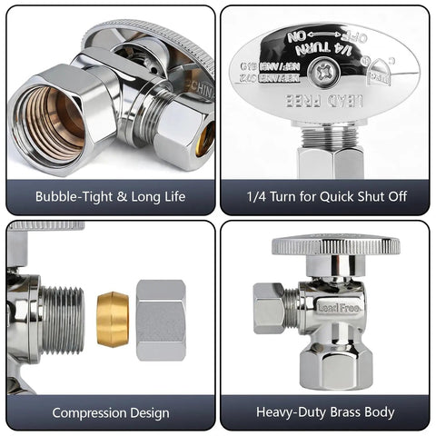 Angle Stop Valve One Half Inch FNPT To Three Eighths Inch Compression Easy Install Quarter Turn Chrome Plated Brass Toilet Shut Off Valve Pack Of Five