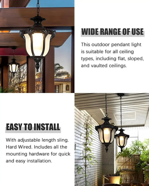 Rustic Victorian Outdoor Pendant Light E26 Waterproof Aluminum Hanging Lantern illuminating porch with vaulted ceiling