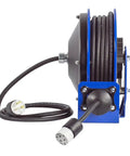 Side view of Heavy Duty 30 Foot Power Cord Reel With 12 AWG Cable Single Receptacle Retractable Electrical Reel for garage use.