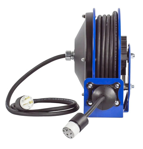 Side view of Heavy Duty 30 Foot Power Cord Reel With 12 AWG Cable Single Receptacle Retractable Electrical Reel for garage use.