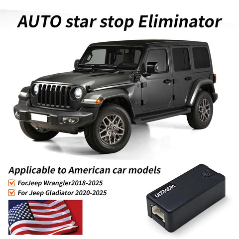 Auto Start Stop Eliminator For Jeep Wrangler JL And Gladiator JT Plug And Play Car Accessory shown with Jeep and device