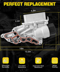 Diagram of Aluminum Oil Cooler Filter Housing Assembly For Mercedes Benz 2006 2012 Models, highlighting dimensions and features.