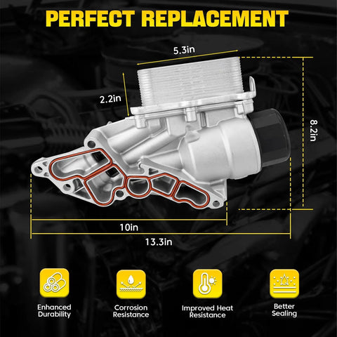 Diagram of Aluminum Oil Cooler Filter Housing Assembly For Mercedes Benz 2006 2012 Models, highlighting dimensions and features.
