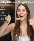 Woman enjoying chewy ice from Nugget Ice Maker Countertop Portable Ice Machine With Scoop And Basket 34 Lbs Per 24 Hours
