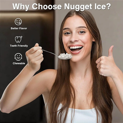 Woman enjoying chewy ice from Nugget Ice Maker Countertop Portable Ice Machine With Scoop And Basket 34 Lbs Per 24 Hours