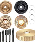 14 Piece Wood Carving Discs Set For 4 Inch And 4.5 Inch Angle Grinders With Rotary Burrs And Five Eighths Inch Adapters, Includes Seven Eighths Inch Shaft Options, Wood Grinding Wheels, Carving Tools And Grinder Accessories shown in a set of discs, burrs, and rings.