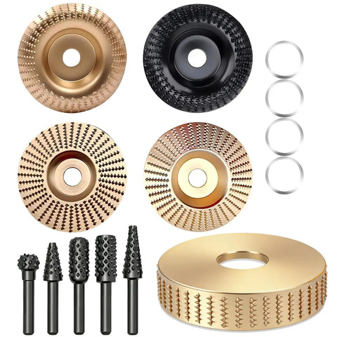 14 Piece Wood Carving Discs Set For 4 Inch And 4.5 Inch Angle Grinders With Rotary Burrs And Five Eighths Inch Adapters, Includes Seven Eighths Inch Shaft Options, Wood Grinding Wheels, Carving Tools And Grinder Accessories shown in a set of discs, burrs, and rings.
