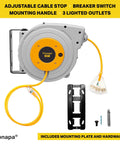 40 Ft Retractable Heavy Duty Extension Cord Reel With Three Outlets 12 Gauge Outdoor Power Cable and mounting hardware