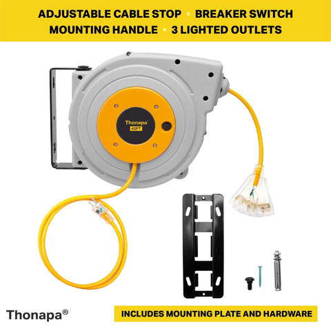40 Ft Retractable Heavy Duty Extension Cord Reel With Three Outlets 12 Gauge Outdoor Power Cable and mounting hardware