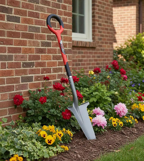 Heavy Duty Garden Shovel With Serrated Blade For Root Cutting And Digging In Tough Soil, Ergonomic Steel Spade resting in garden bed