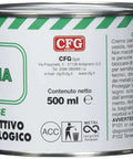 Side view of a 500ml metal container of grease, labeled with text and recycle symbols, with a green-striped design.