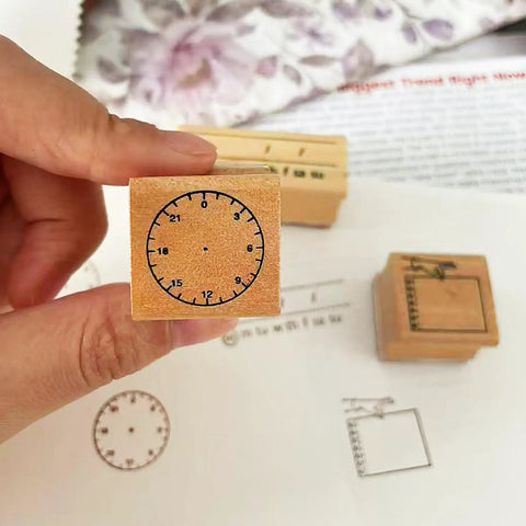 Top Shelf Wooden Stamp Set Featuring Date Time Notes Stamps For Crafting Journaling Planner Organization Durable Natural Wood And Rubber Design Super Slick Ink Application Killer Combo, showing analog clock face stamp.