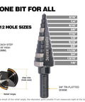 Jerax Tools step drill bit set, front view: 3/16–7/8 in, straight grooved, double-fluted, M2 HSS, tri-flatted shank
