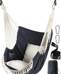 Cozy Hammock Chair Swing With Two Pillows Included, Strong Webbing Straps And Hooks For Easy Hanging, Soft Cotton Hanging Chair With Side Pocket And Tassels, Indoor Outdoor Comfort Dark Grey