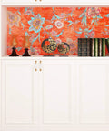 Vintage Floral Peel And Stick Wallpaper Dope Vibe In Bold Orange Red Watercolor Self Adhesive in bookshelf display 21x200 Inches