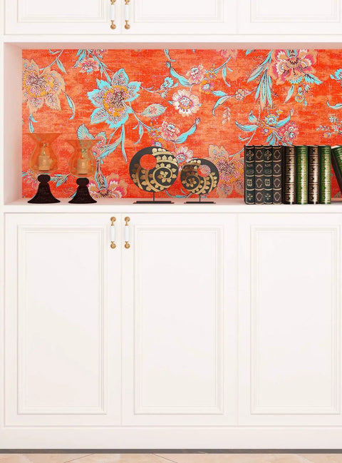 Vintage Floral Peel And Stick Wallpaper Dope Vibe In Bold Orange Red Watercolor Self Adhesive in bookshelf display 21x200 Inches