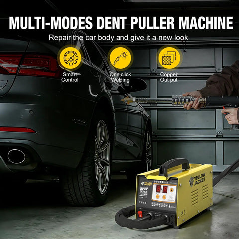 Pro-Grade Stud Welder Dent Repair Kit With 3000W Spot Welder Dent Puller used on car's rear panel in garage setting