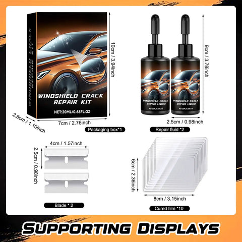 Fast Acting Windshield Crack Repair Kit With Glass Repair Liquid Glue For Chips And Cracks Two Piece Auto Glass Repair Set, includes 20ml repair fluid, scrapers, and films.