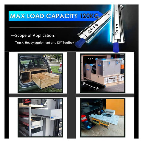 Rock Solid Heavy Duty Drawer Slides With Slide Lock, Zero Friction Ball Bearing Glide, Quiet Rubber Stopper, Crush Weight 256 Lb Capacity, Industrial 56 Inch Guide Rail, Smooth As Glass Cabinet Hardware displayed in toolboxes and vehicles.